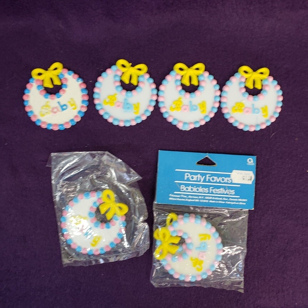 7 Vtg Amscan Cupcake Cake Toppers Decorations  Baby Shower Bibs Boy Girl